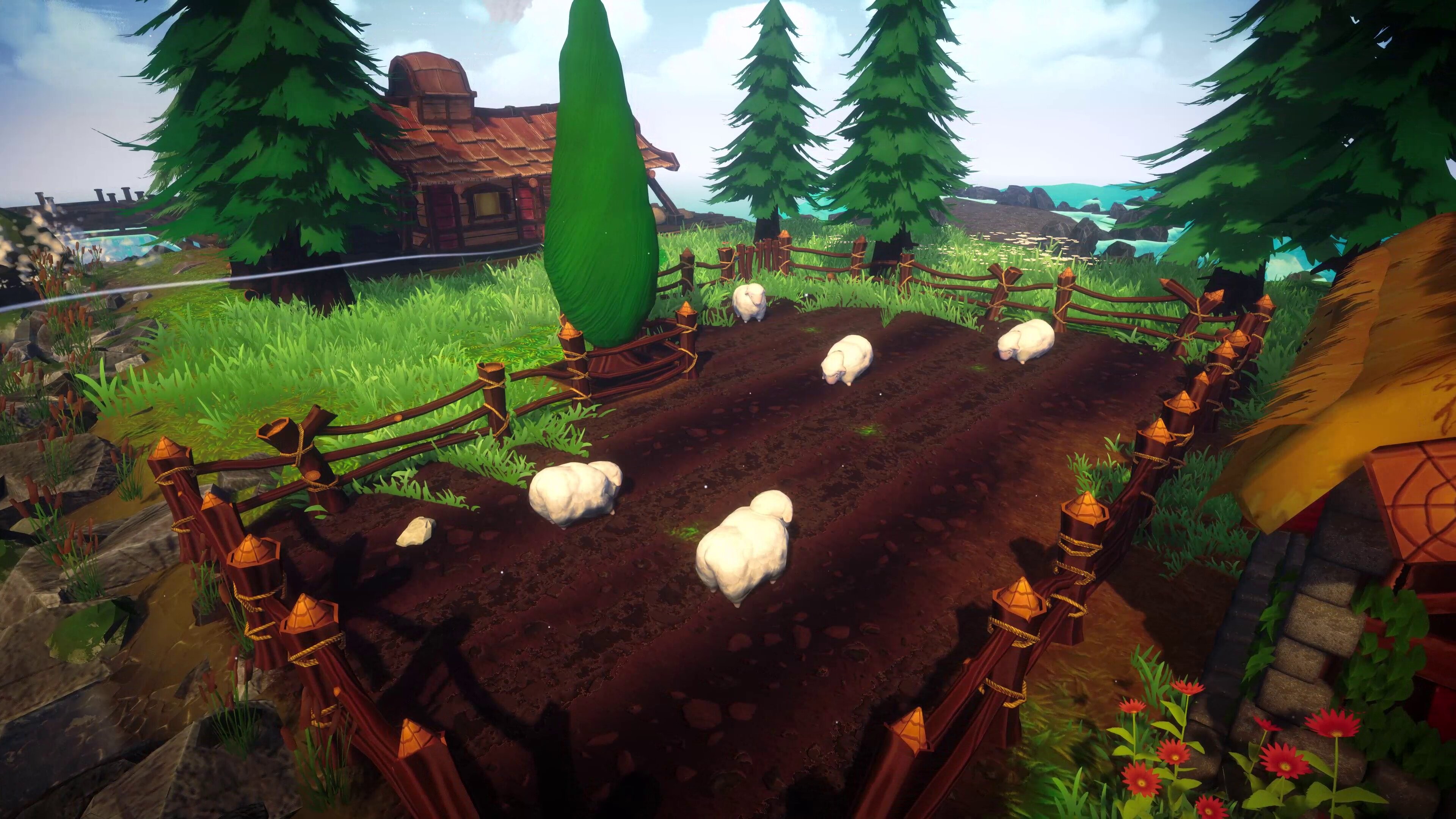 Thveit - Sheep and goat livestock in a pasture beside settler buildings